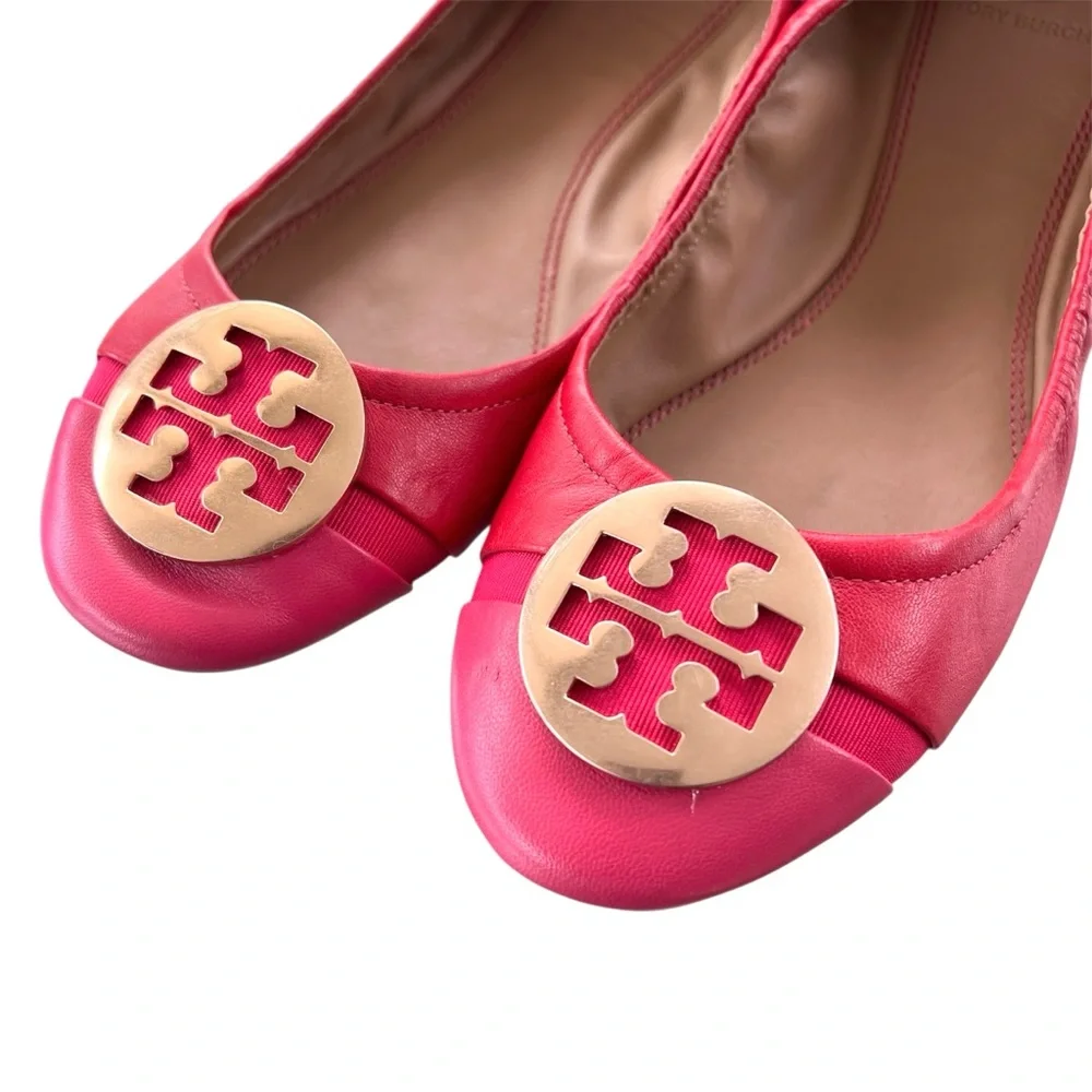 Tory Burch Cap Toe Colorblock Nappa Leather Minnie Ballet Flats Red Azalea Pink